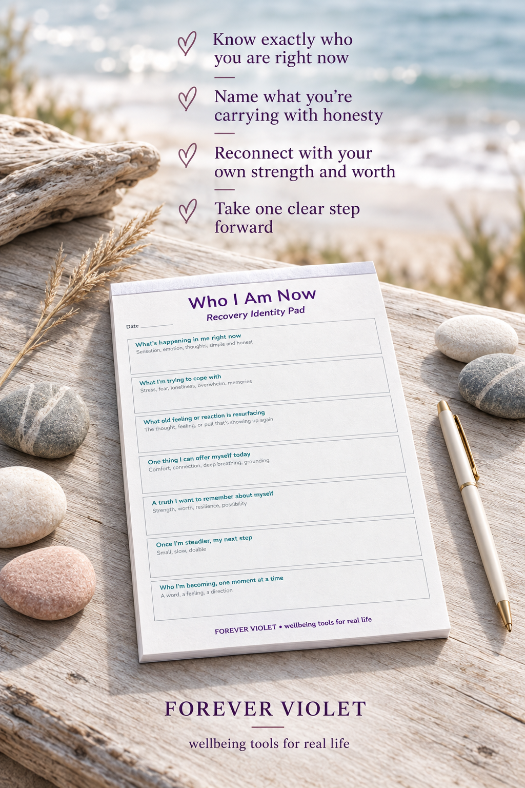 Who I Am Now Recovery Identity Pad – open pad lifestyle mock-up with Rebuilding Collection coastal styling