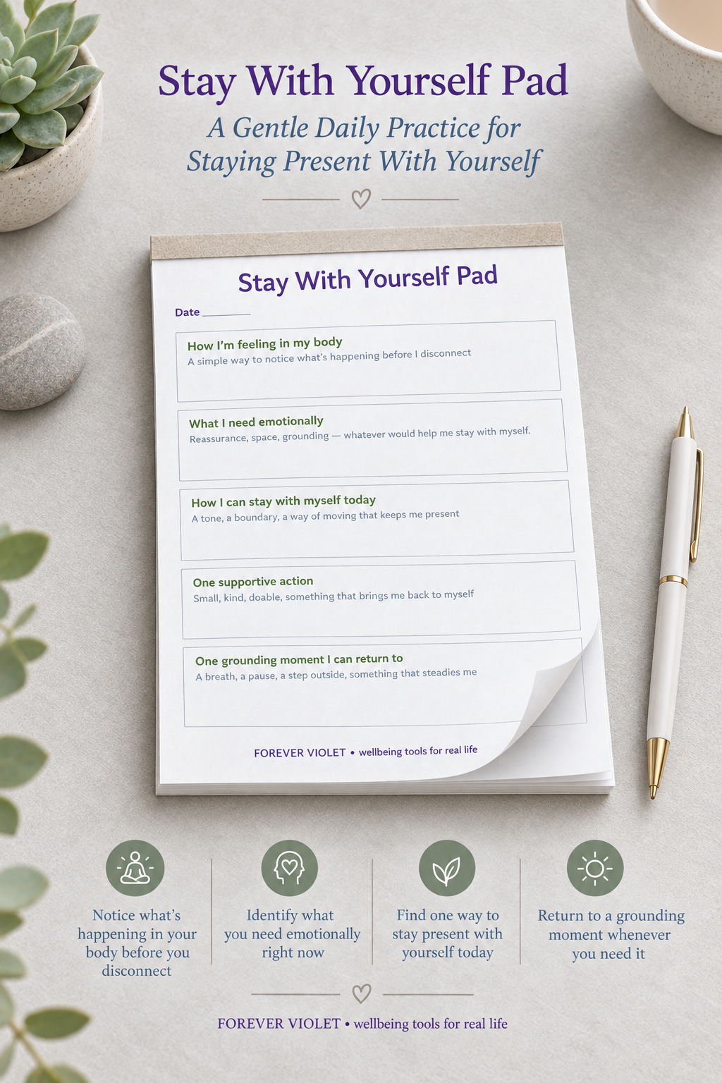 Stay With Yourself Pad – open pad lifestyle mock-up with Overwhelm Collection styling