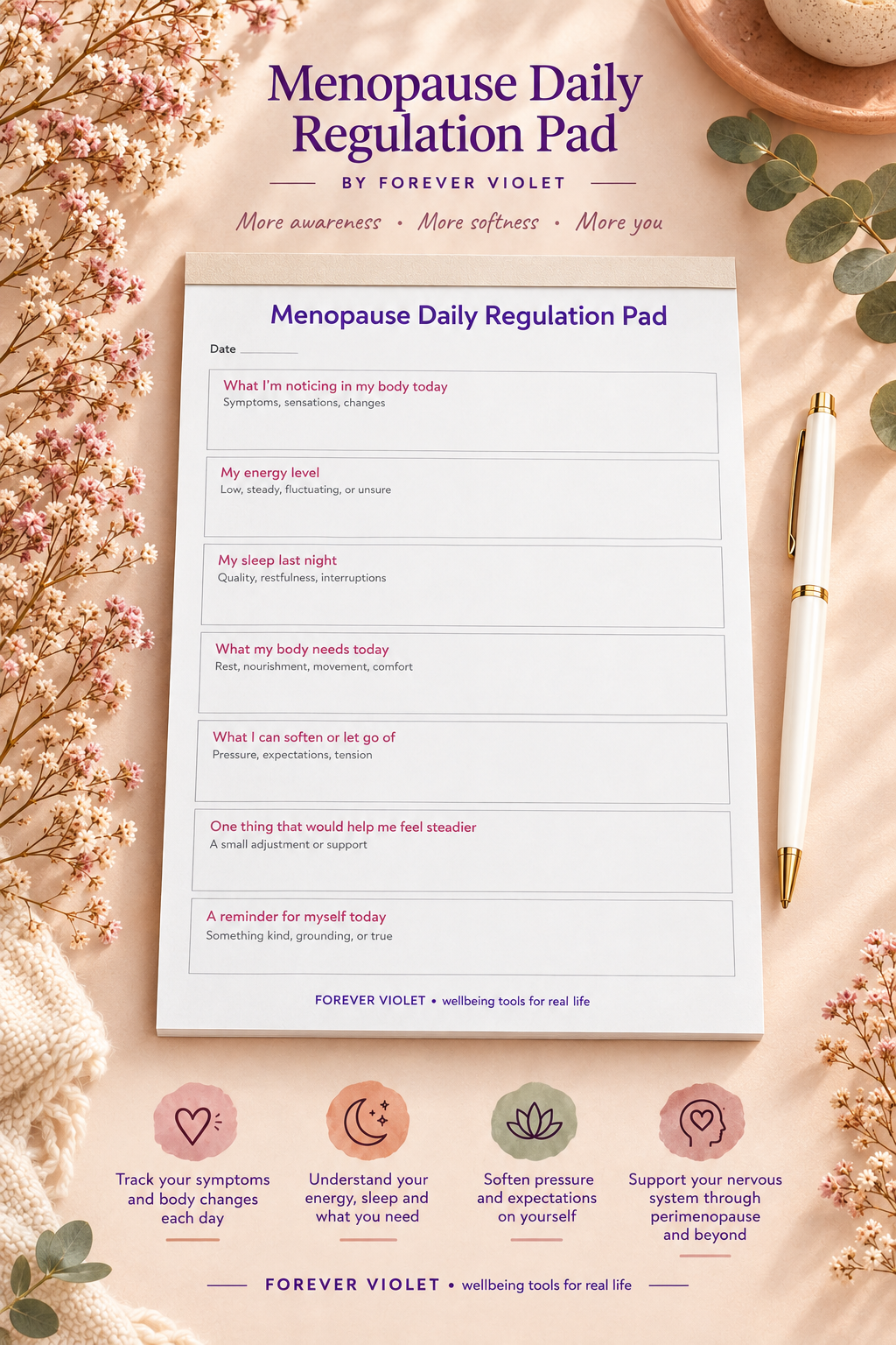 Menopause Daily Regulation Pad – open pad lifestyle mock-up with Hormone Harmony Collection styling