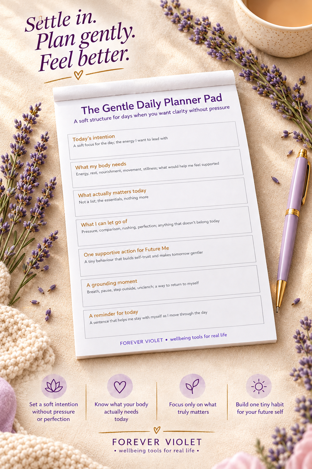 The Gentle Daily Planner Pad – open pad lifestyle mock-up with Future Self Collection styling