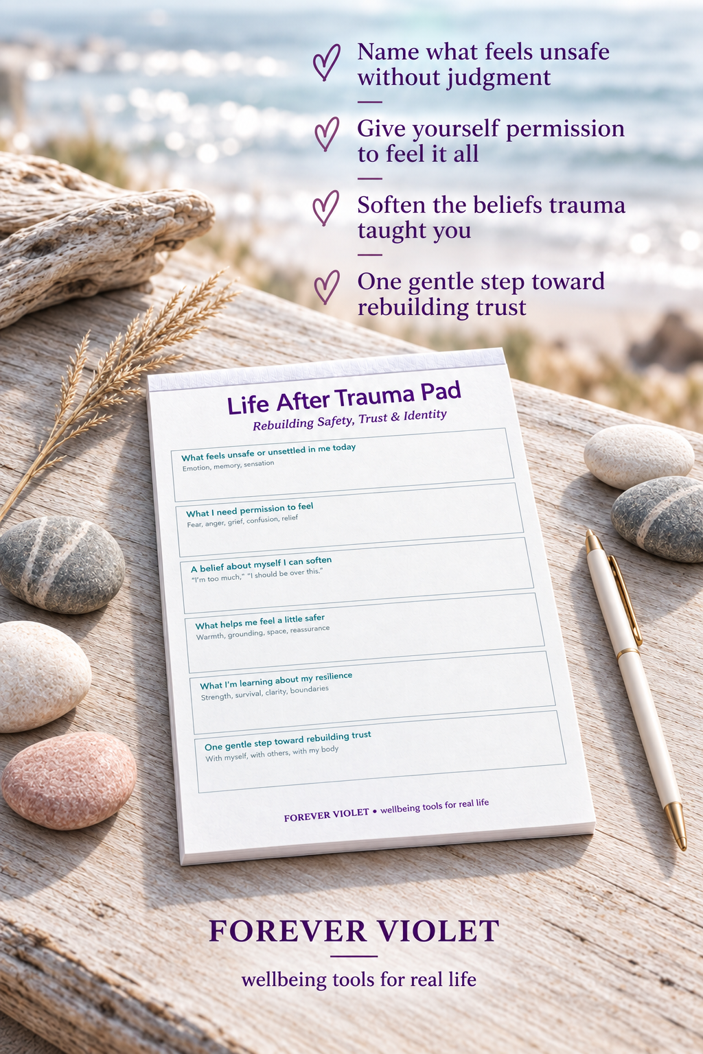 Life After Trauma Pad – open pad lifestyle mock-up with Rebuilding Collection coastal styling