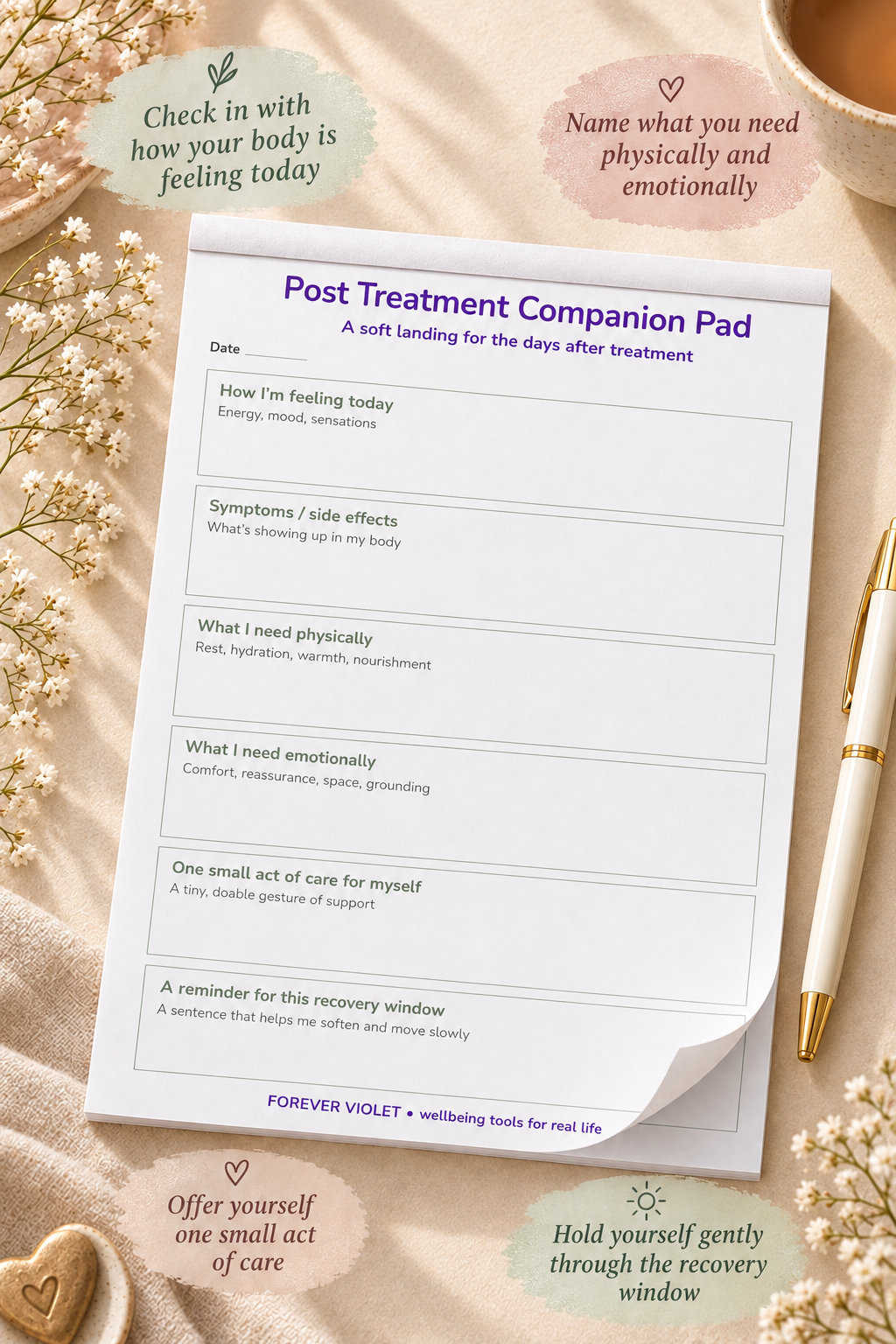 Post Treatment Companion Pad – open pad lifestyle mock-up with Life Transitions Collection styling