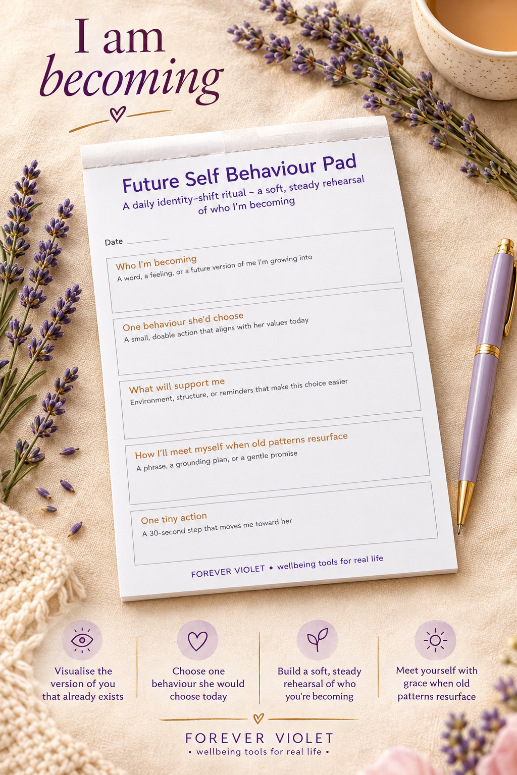 Future Self Behaviour Pad – open pad lifestyle mock-up with Future Self Collection styling