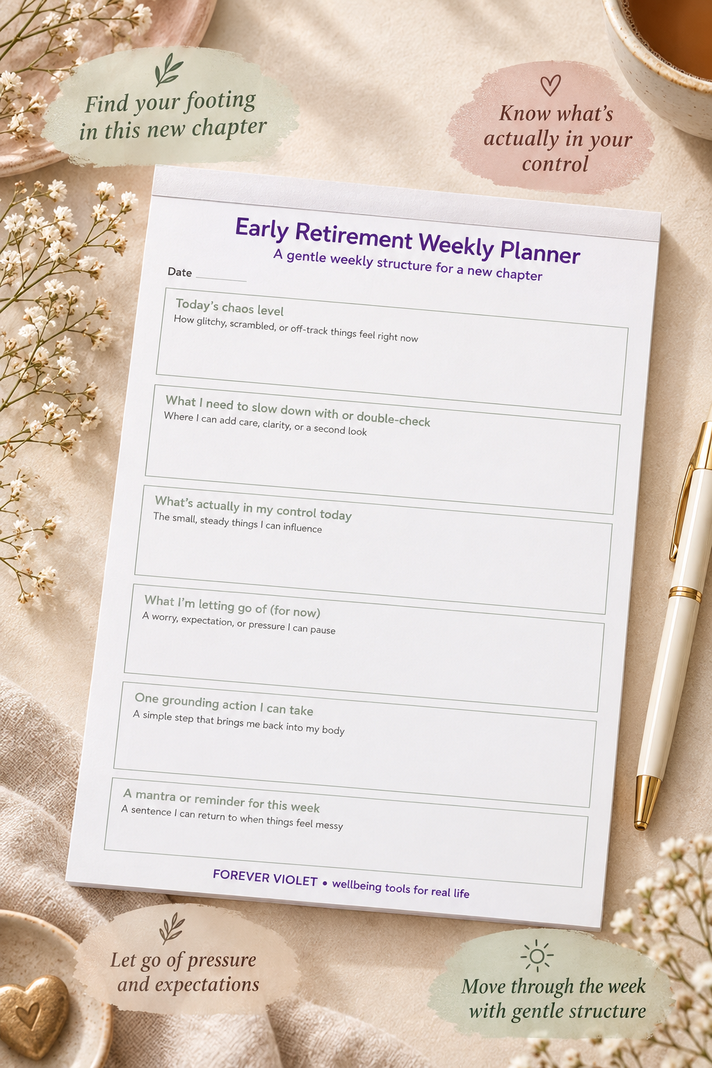 Early Retirement Weekly Planner – open pad lifestyle mock-up with Life Transitions Collection styling