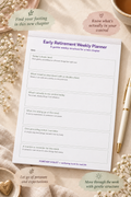 Early Retirement Weekly Planner – open pad lifestyle mock-up with Life Transitions Collection styling