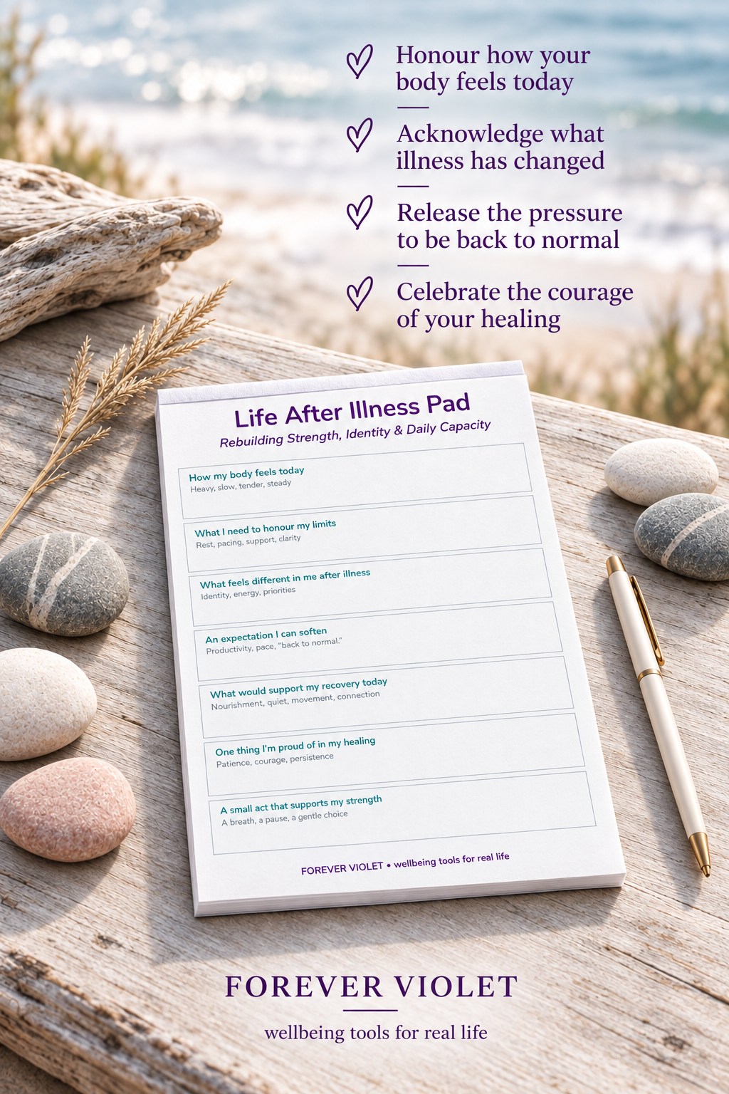 Life After Illness Pad – open pad lifestyle mock-up with Rebuilding Collection coastal styling