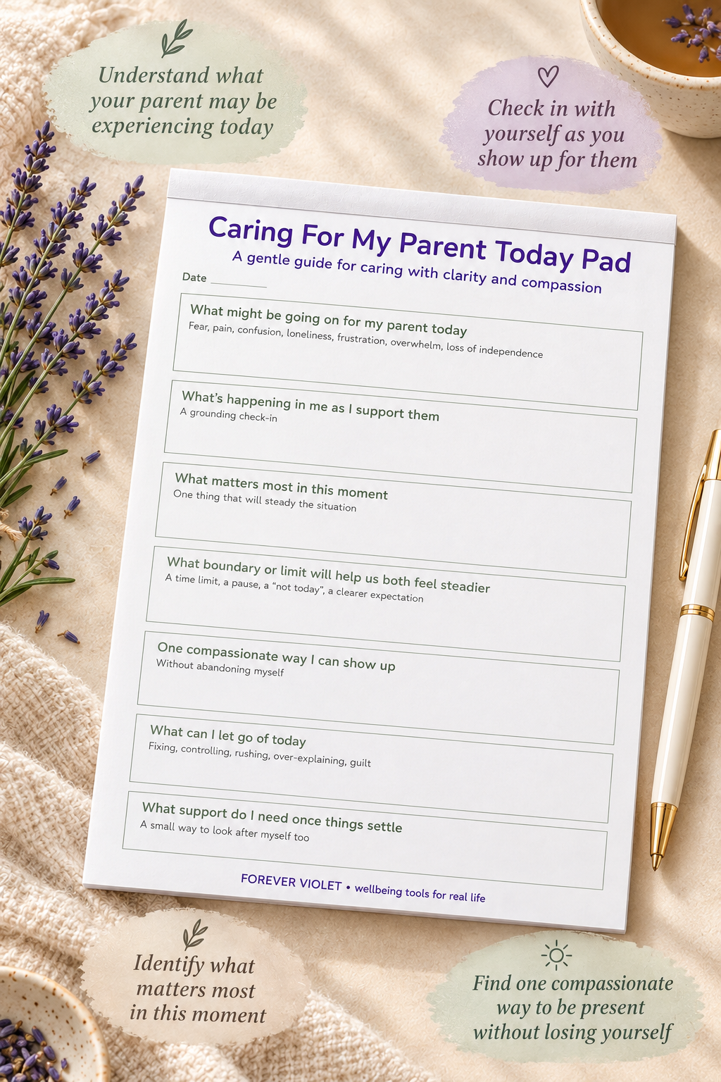 Caring For My Parent Today Pad – open pad lifestyle mock-up with Life Transitions Collection styling