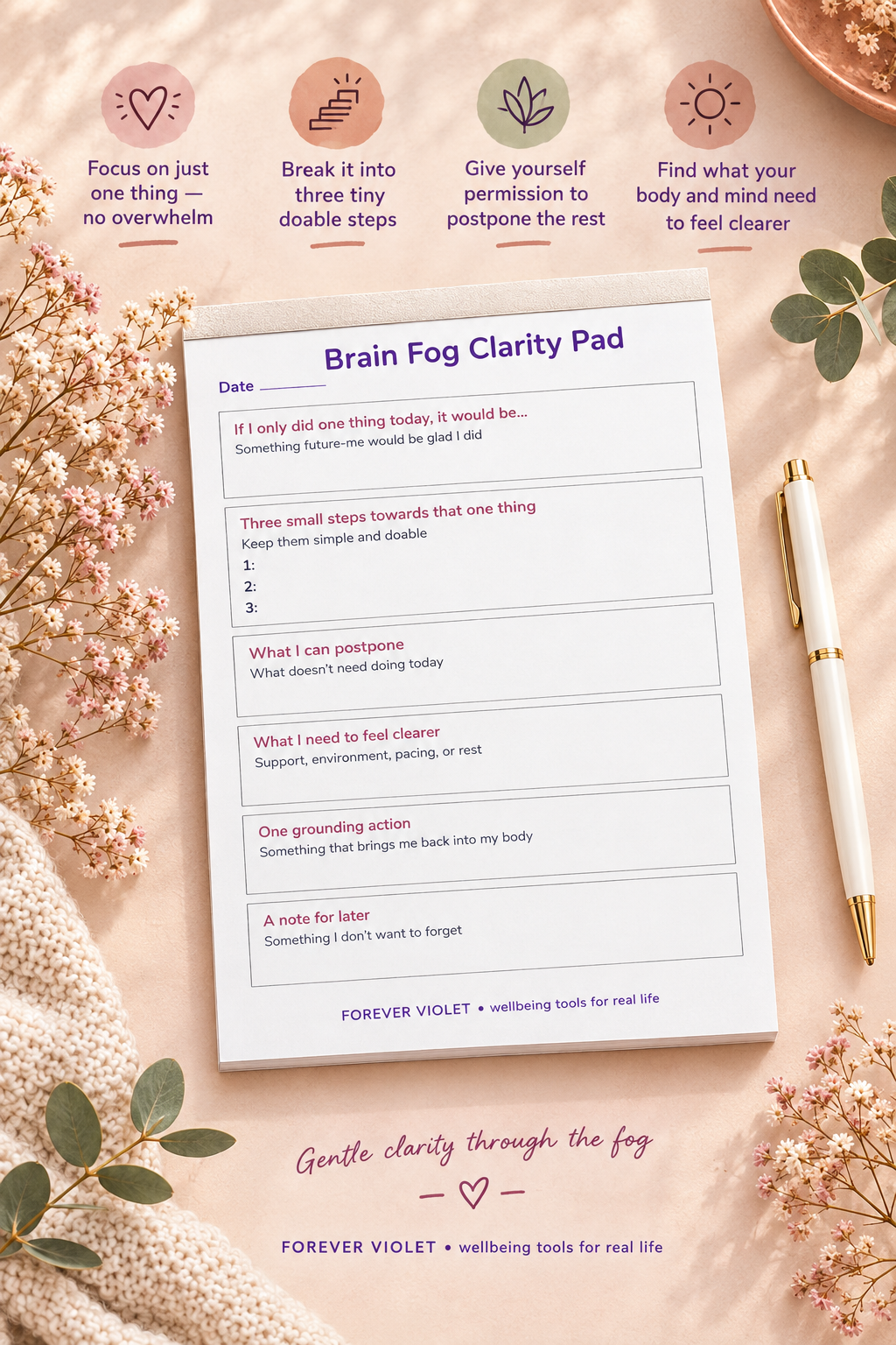 Brain Fog Clarity Pad – open pad lifestyle mock-up with Hormone Harmony Collection styling