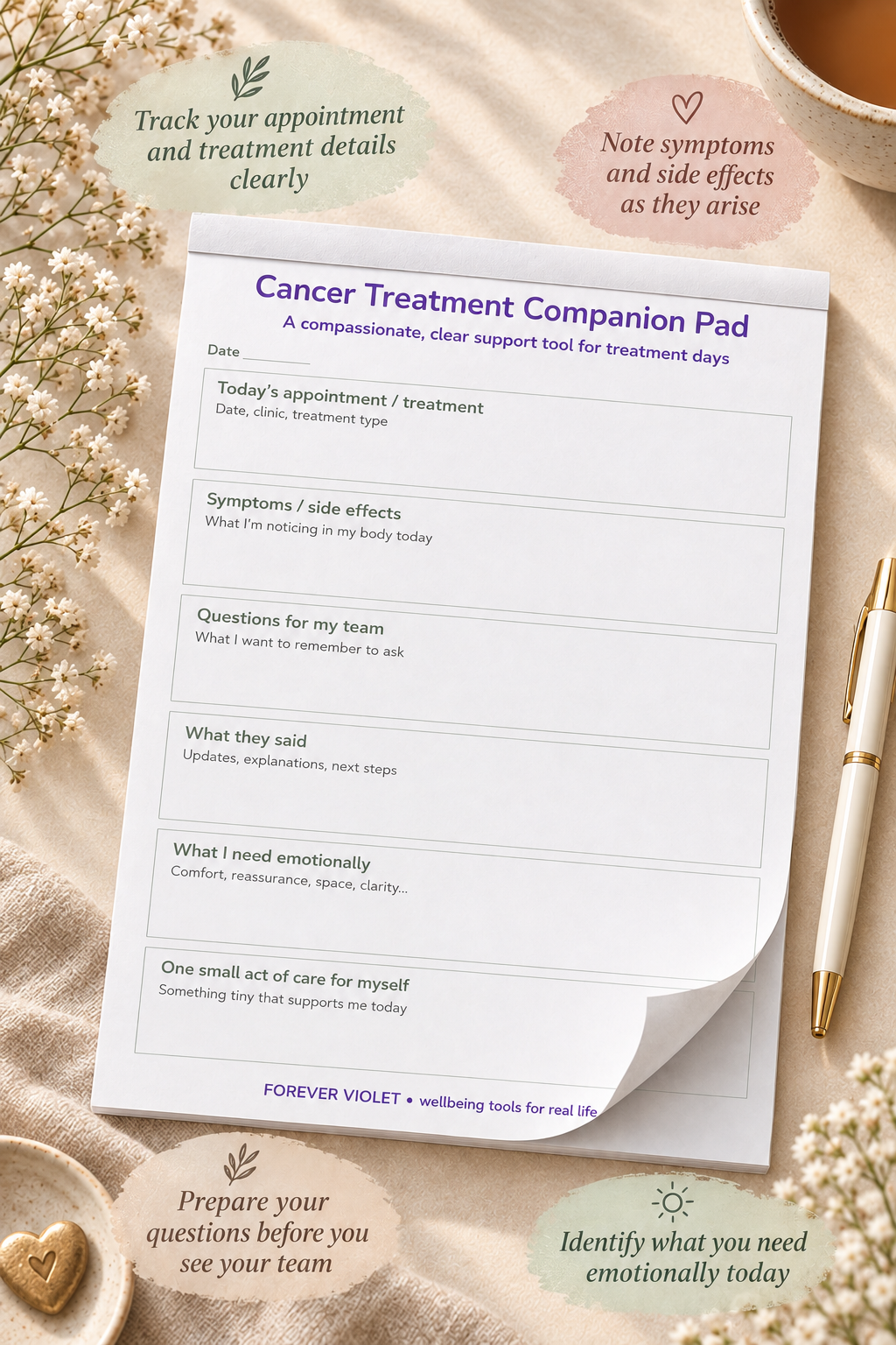 Cancer Treatment Companion Pad – open pad lifestyle mock-up with Life Transitions Collection styling
