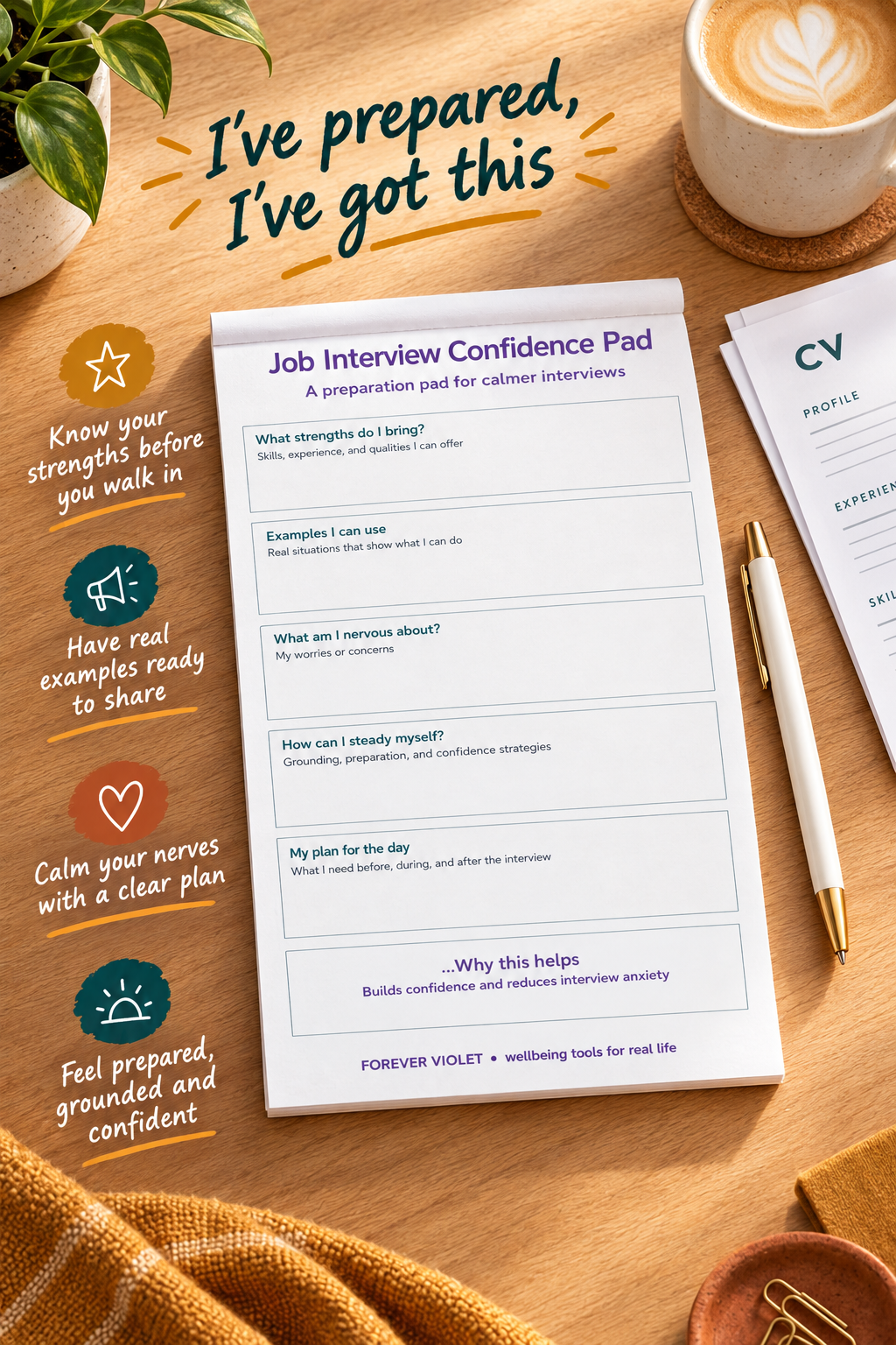 Job Interview Confidence Pad – open pad lifestyle mock-up with Adulting Collection styling
