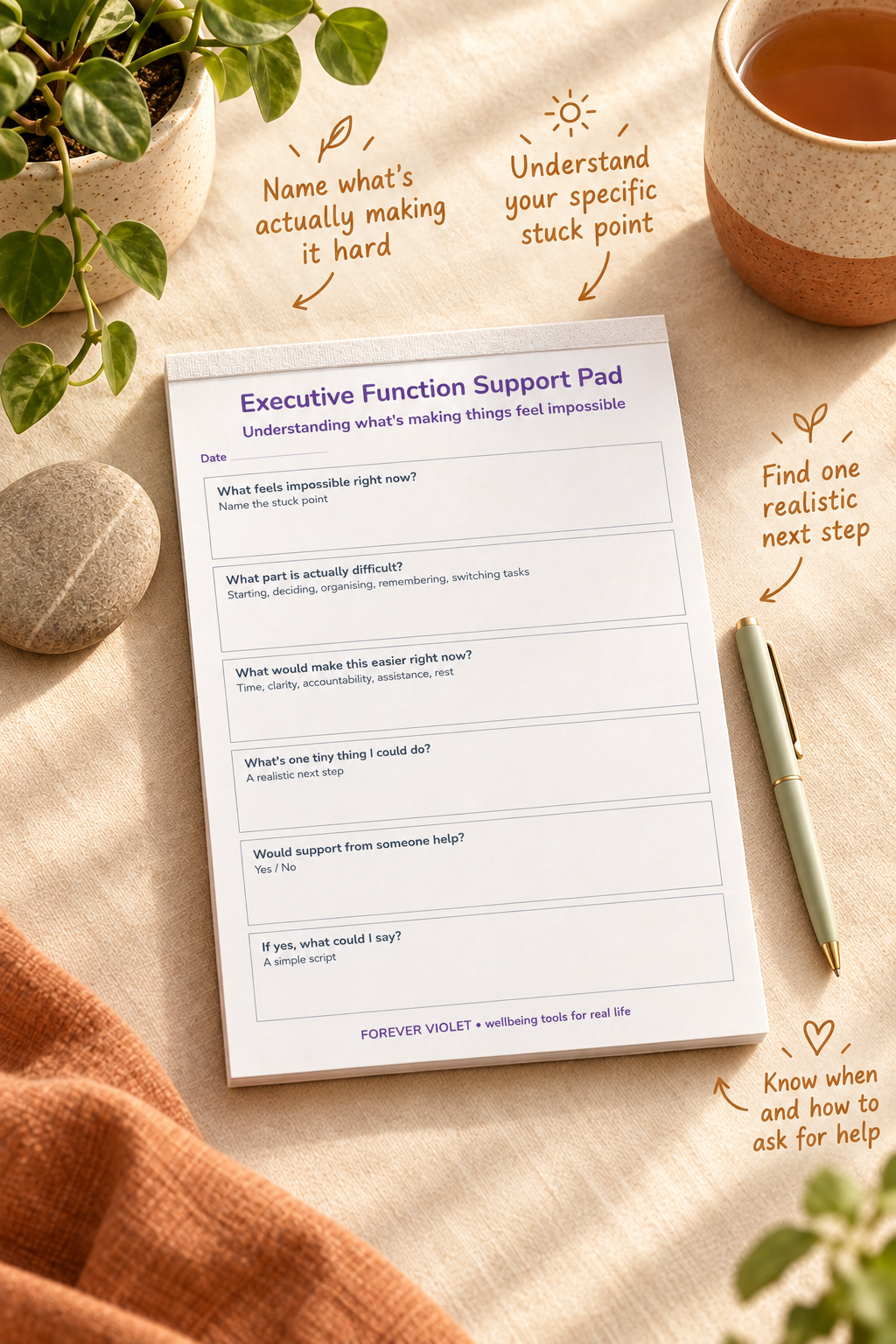 Executive Function Support Pad – open pad lifestyle mock-up with Neurodivergent Collection styling