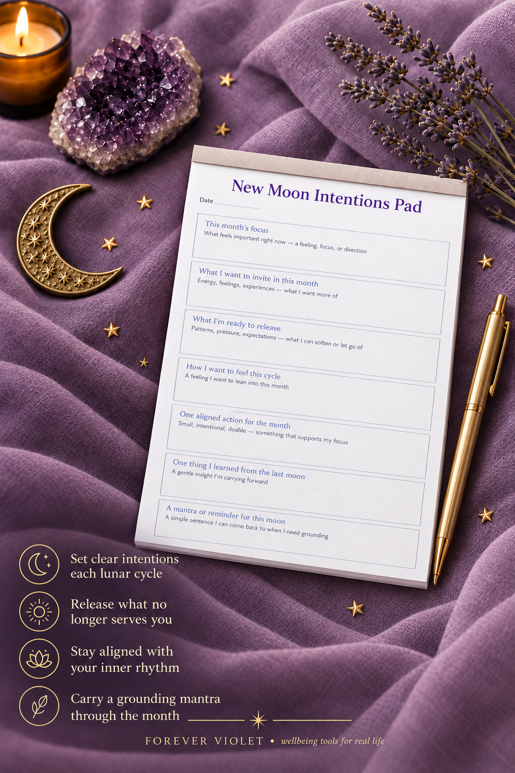 New Moon Intentions Pad – open pad lifestyle mock-up with Cosmic Clarity styling