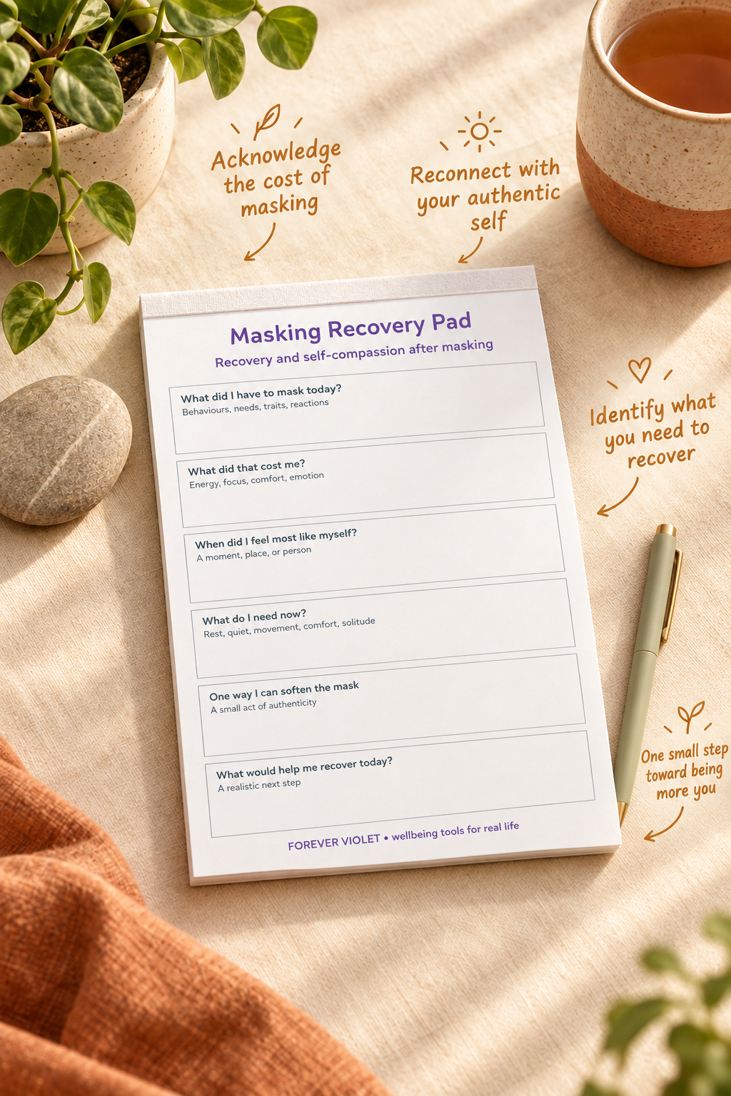 Masking Recovery Pad – open pad lifestyle mock-up with Neurodivergent Collection styling