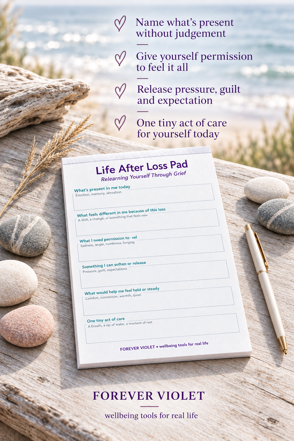 Life After Loss Pad – open pad lifestyle mock-up with Rebuilding Collection coastal styling