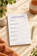 Shutdown First Aid Pad – open pad lifestyle mock-up with Neurodivergent Collection styling