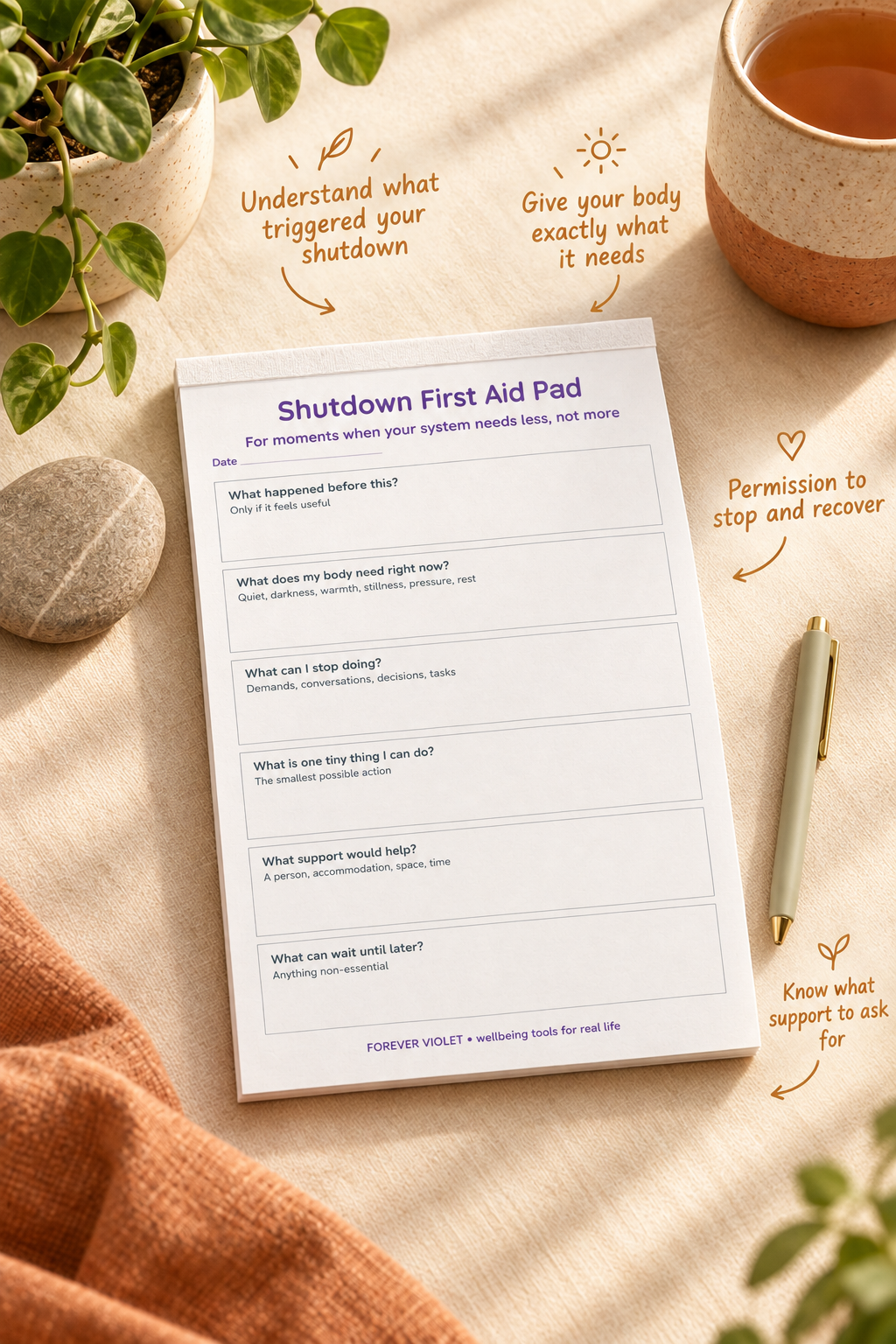 Shutdown First Aid Pad – open pad lifestyle mock-up with Neurodivergent Collection styling
