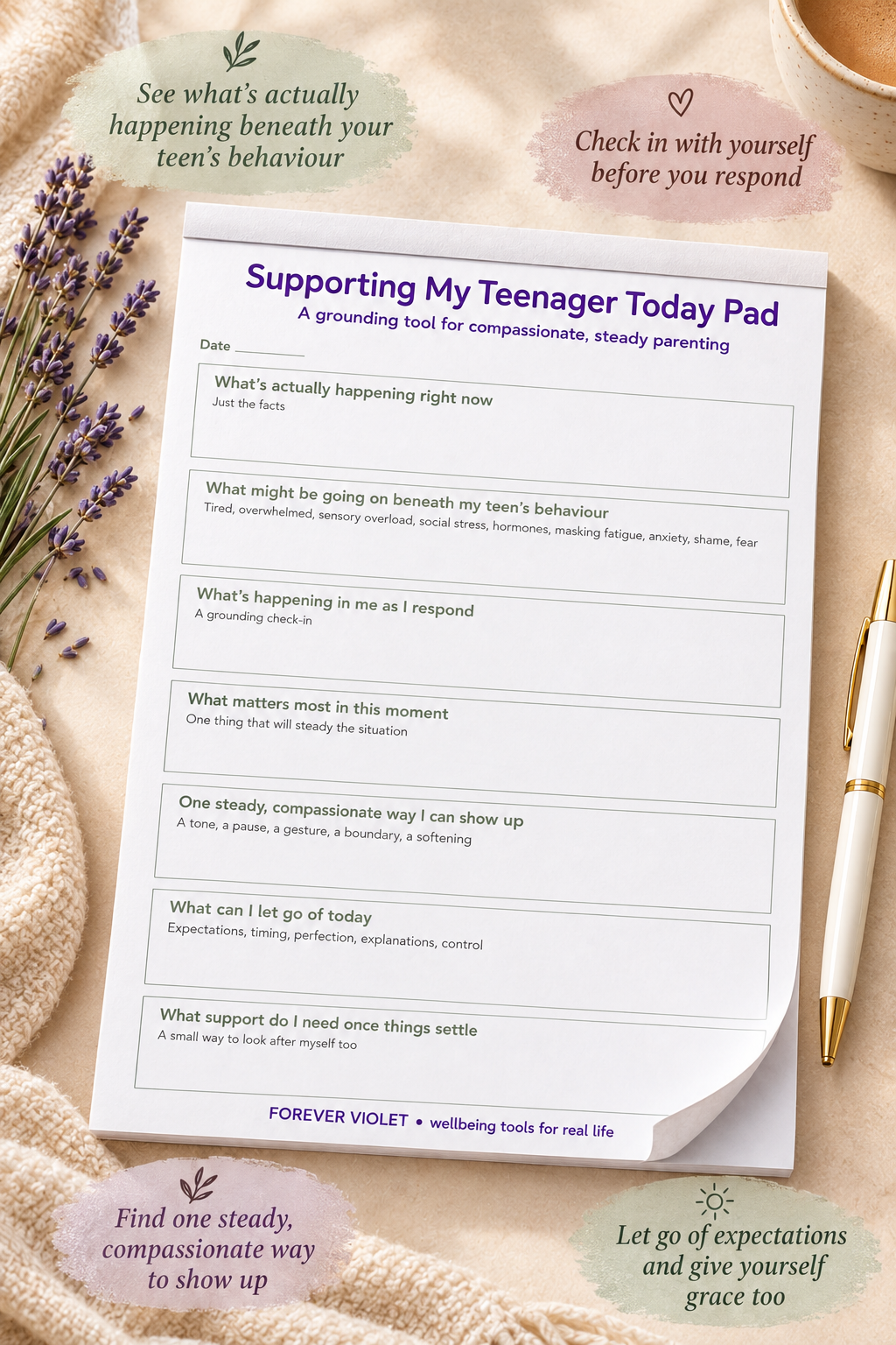 Supporting My Teenager Today Pad – open pad lifestyle mock-up with Life Transitions Collection styling