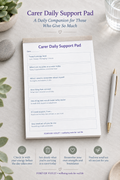 Carer Daily Support Pad – open pad lifestyle mock-up with Overwhelm Collection styling