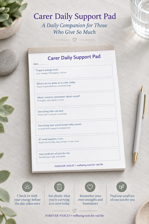 Carer Daily Support Pad – open pad lifestyle mock-up with Overwhelm Collection styling
