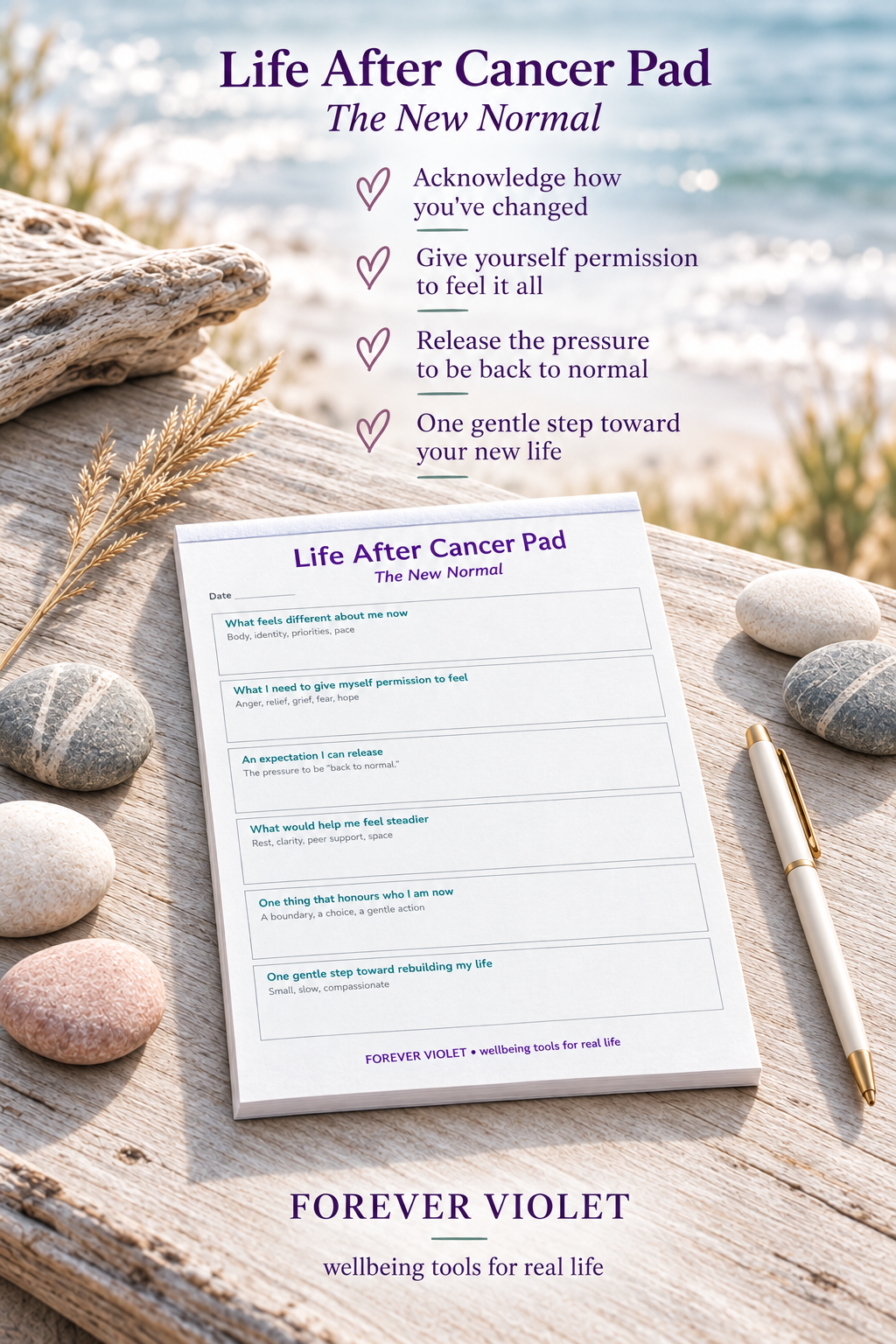 Life After Cancer Pad – open pad lifestyle mock-up with Rebuilding Collection coastal styling