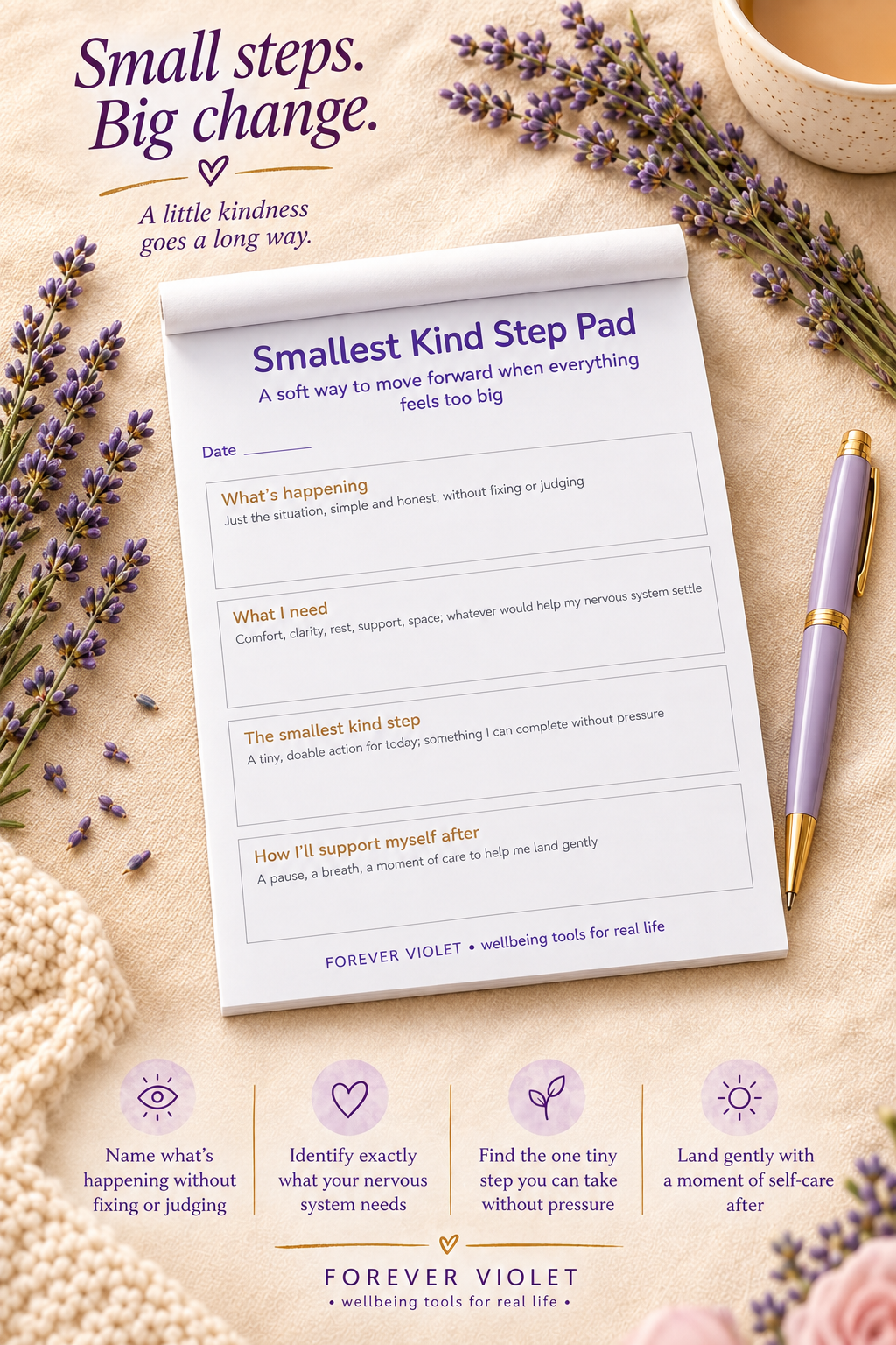 Smallest Kind Step Pad – open pad lifestyle mock-up with Future Self Collection styling
