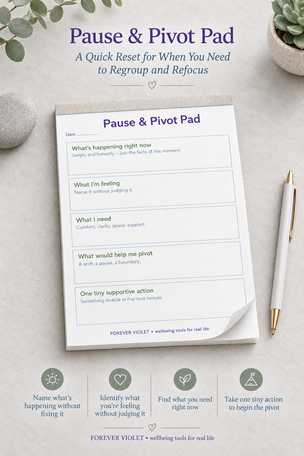 Pause & Pivot Pad – open pad lifestyle mock-up with Overwhelm Collection styling