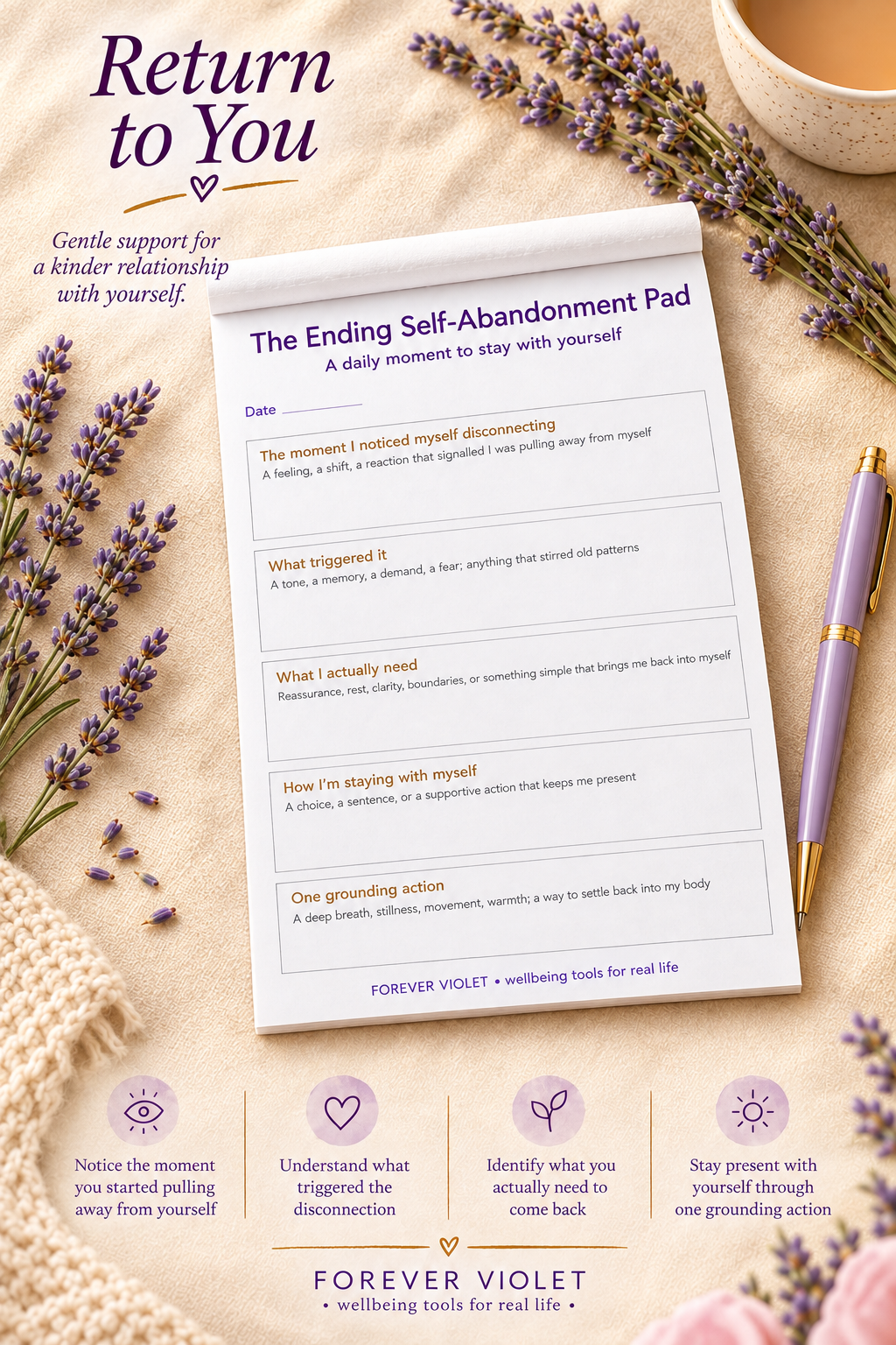 The Ending Self-Abandonment Pad – open pad lifestyle mock-up with Future Self Collection styling
