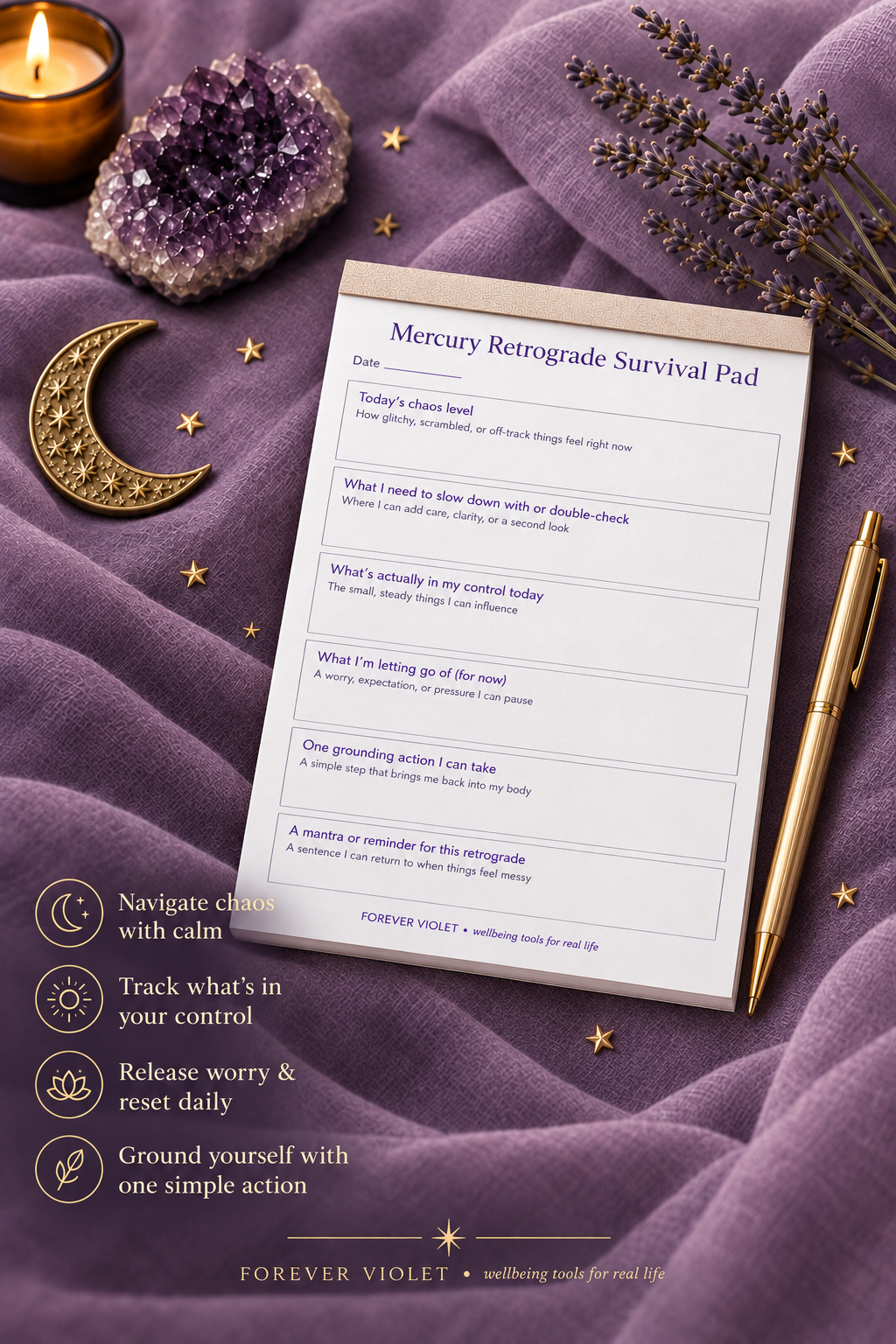 Mercury Retrograde Survival Pad – open pad lifestyle mock-up with Cosmic Clarity styling