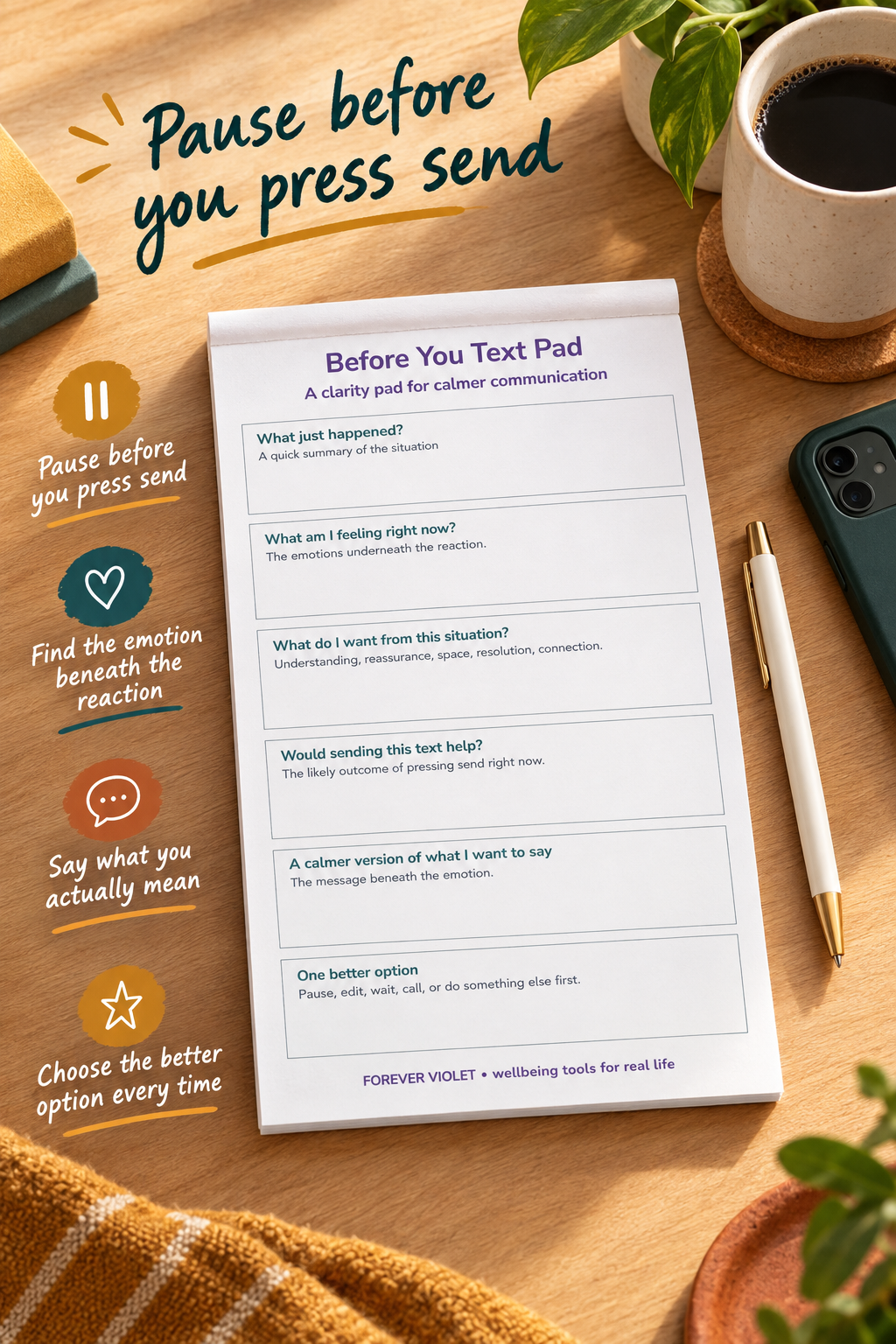 Before You Text Pad – open pad lifestyle mock-up with Adulting Collection styling