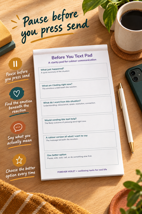 Before You Text Pad – open pad lifestyle mock-up with Adulting Collection styling