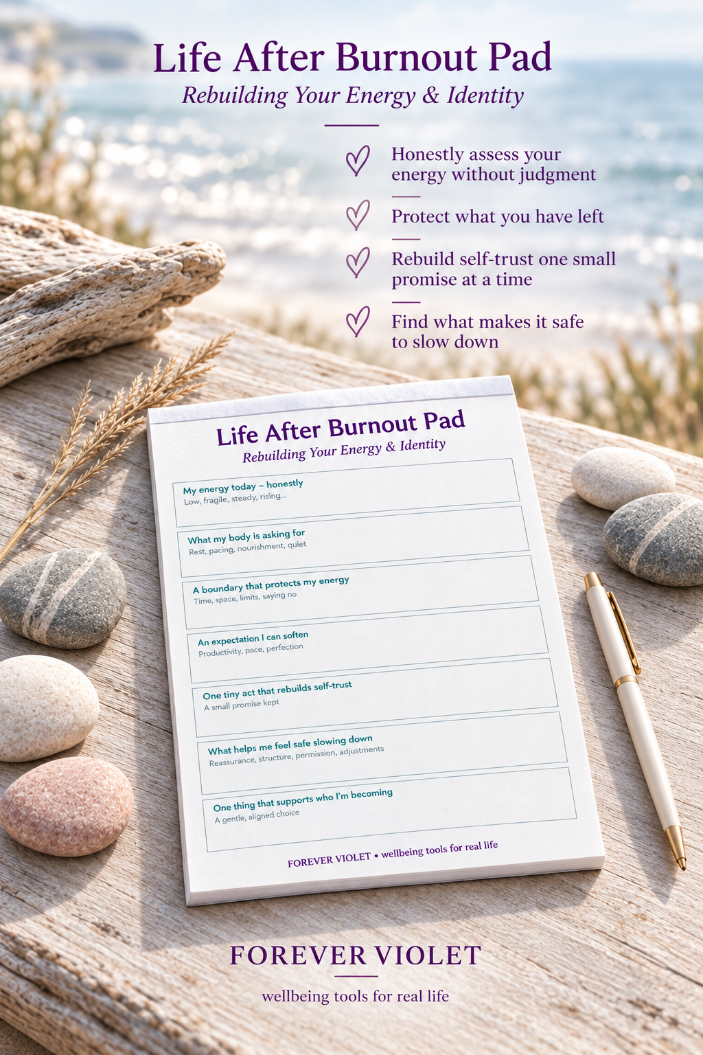 Life After Burnout Pad – open pad lifestyle mock-up with Rebuilding Collection coastal styling