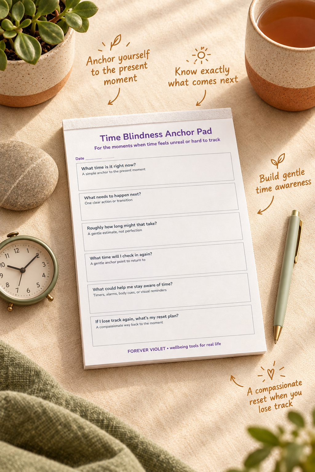 Time Blindness Anchor Pad – open pad lifestyle mock-up with Neurodivergent Collection styling